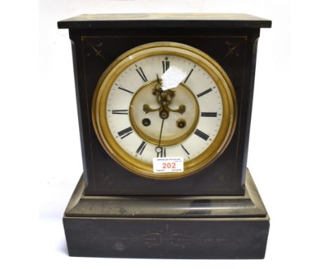 A VICTORIAN SLATE MANTLE CLOCK WITH VISIBLE ESCAPEMENT  the 8-day movement striking on a bell, numbered 1332, 28cm wide 32cm 