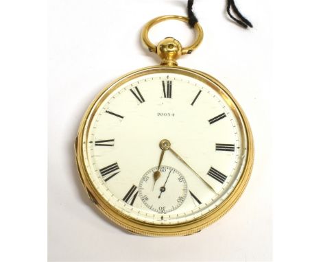AN 18CT GOLD CASED OPEN FACED POCKET WATCH  the white enamel dial fitted with gilt batons, blue subs baton and black Roman nu