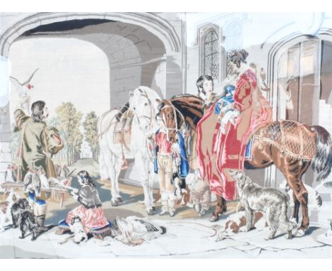 A VICTORIAN TAPESTRY  depicting a lady on horseback before an archway, with attendant dogs, held within a substantial gilt ge