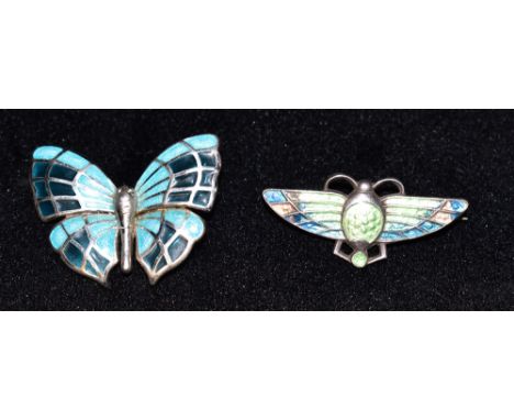 A SCANDINAVIAN STYLE SILVER, COLOURED GLASS AND ENAMEL BUTTERFLY BROOCH  stamped '925', 33mm wide; and a Charles Horner style