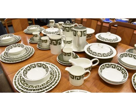 A SUSIE COOPER SIX SETTING 'KEYSTONE' DINNER SERVICE  comprising six dinner plates, dessert plates and side plates, cups and 