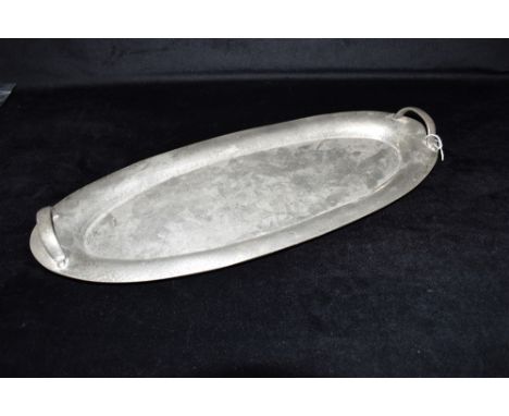 A LIBERTY STYLE ARTS &amp; CRAFTS PEWTER TWIN HANDLED OVAL TRAY  from the Walker &amp; Co. Homeland range, stamped '6574' to 