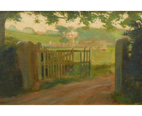William John Leech (1881-1968). Farm gate in landscape, oil on board, signed, 44cm x 69.5cm.