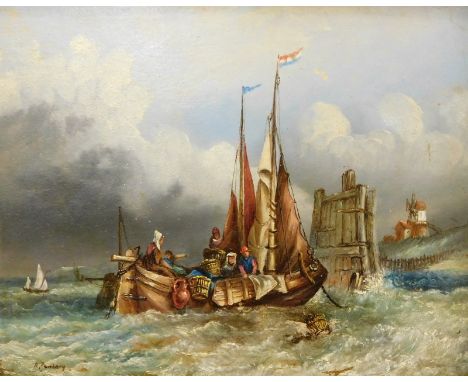 R Pembery (20thC). Figures on a sailing boat near to shore with fishing baskets and windmill in the distance, oil on board, 1