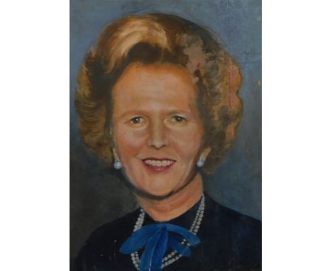 20thC English School. Margaret Thatcher portrait, quarter profile, oil on board, unsigned, 37cm x 30cm.