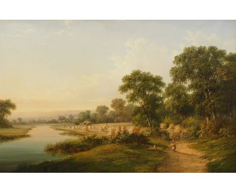 Attributed to Walter Heath Williams (act.1841-c.1876). Landscape, with figures in the foreground carrying wheat sheaves and b