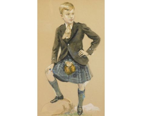 Kenneth Greene (1905-1986). Portrait of David Carritt as a young boy, standing in kilt, watercolour, signed, 66cm x 42cm. Cha