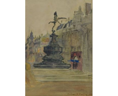 Norman R. Darling (19thC/20thC). Eros, Picadilly Circus, London, watercolour, signed and dated 1934, 25cm x 17.5cm.
