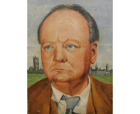 20thC English School. Portrait Winston Churchill, oil on cardboard, signed, 36cm x 26cm.