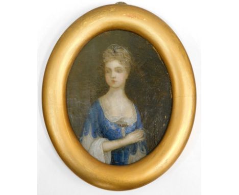 Early 19thC English School. Half length portrait of a young lady with pearl mounted veil, blue and lace dress, oil on canvas,