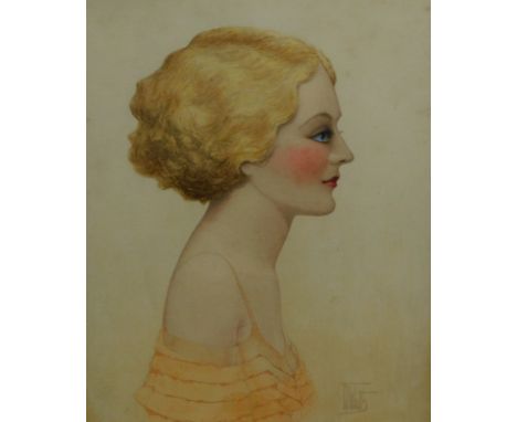 T.J.Watts (20thC School). Art Deco portrait of a lady, quarter profile, facing dexter, watercolour, signed, 25cm x 19cm.
