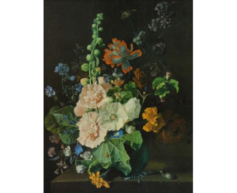 After Van Huysum. Flowers in a vase, print, 60cm x 49cm, with a giltwood frame of swept rectangular form with scrolls broken 