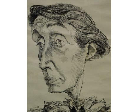 Richard Wilson (20thC). Caricature portrait, Virginia Woolf, pen and ink attributed verso, 55cm x 37cm.