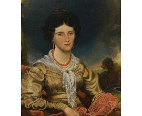 19thC English School. Portrait of a lady, quarter profile, wearing finery with bead necklace and neck jewel, before trees wit