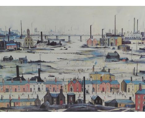 After Lowry. Street scene with viaduct print, 46cm x 33cm, northern river scene and two others (4).