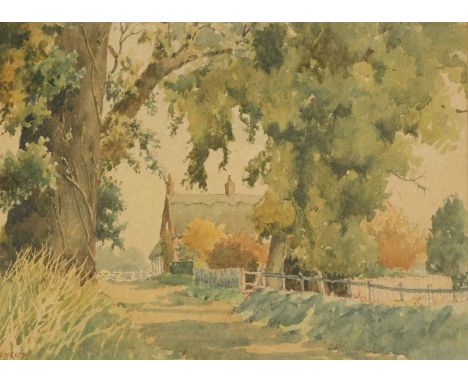 Edward Darby (20thC). Blythburgh Woodbastick, country lane, Norfolk, watercolours, signed 22cm x 33cm and a botanical bookpla