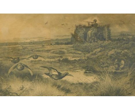 Archibald Thorburn (1860-1935). Grouse shooting on a moor, black and white print, signed to the mount with printed annotation