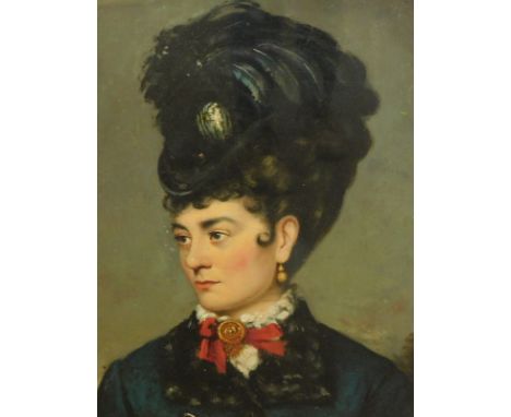 19thC English School. Figure of a lady facing sinister, wearing elaborate feather hat and neck jewel, shoulder portrait, oil 