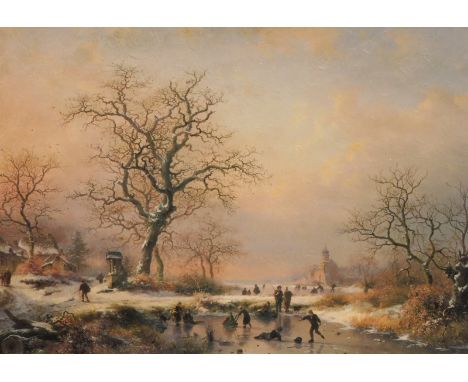After Kruseman. Sunday skates, overglazed print, 52cm x 74cm.