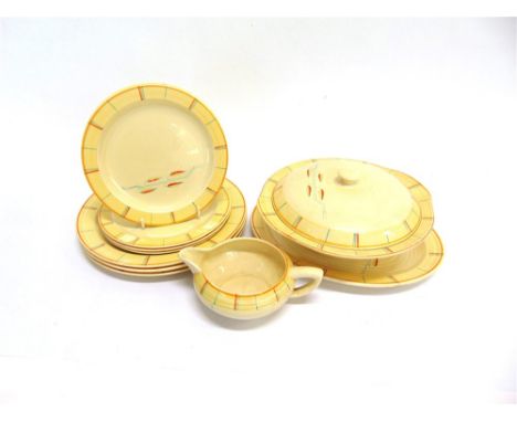 A COLLECTION OF CLARICE CLIFF WILKINSON DINNERWARE,  decorated with a tree with twin-tone orange and yellow leaves within a '