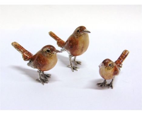 SATURNO, ITALY: A GRADUATED SET OF THREE SILVER AND ENAMEL WRENS,  the largest approx 70mm beak to tail