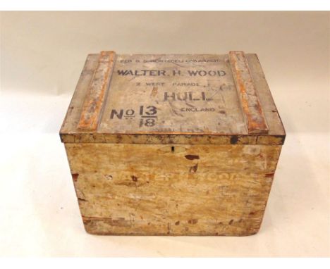 A MERCHANT SHIPPING WOODEN TRUNK carried by the S.S. 'Montebello', with an inner metal lid and metal lining, the upper side w