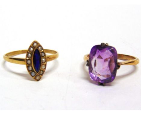 A SYNTHETIC SAPPHIRE & SPLIT PEARL RING stamped '18ct' , finger size Q 1/2, 1.8g gross; and a single stone amethyst ring