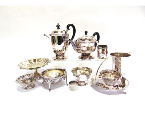 A COLLECTION OF PLATED WARE including; a four piece tea service; a WMF Childs christening mug; and other items