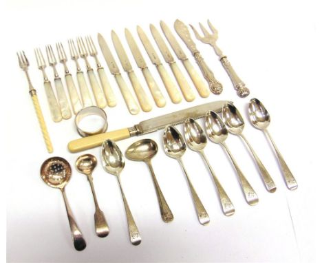 A SET OF SIX SILVER & MOTHER OF PEARL FRUIT KNIVES & FORKS by Roberts & Belk, Sheffield 1935; a matched set of six teaspoons;