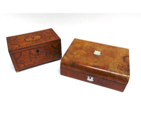 A GEORGE III SATINWOOD TEA CADDY  with inlaid decoration (lacking interior) 23cm wide; and a Victorian dome top box 28cm wide