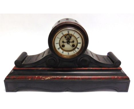 A VICTORIAN SLATE AND MARBLE MANTLE CLOCK,  the 5' dial with Roman numerals and visible escapement, French 8-day movement str