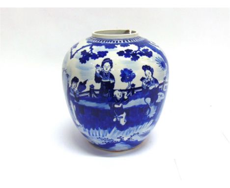 A LARGE CHINESE VASE OF OVOID BALUSTER FORM,  with underglaze blue painted decoration depicting figures in a garden setting, 