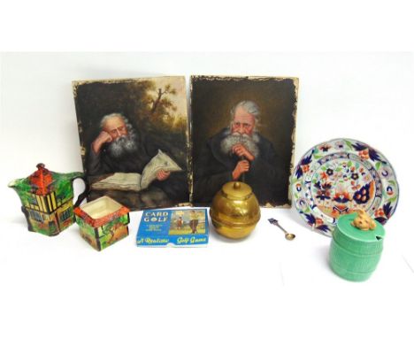 A MIXED LOT TO INCLUDE IRONSTONE PLATE 21CM DIAMETER,  Sylvac 1849 honey pot, brass 1924 British Empire Exhibition souvenir L