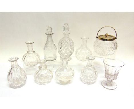 A COLLECTION OF ASSORTED GLASSWARE  including mallet shaped decanter and stopper 24cm high, pedestal vase with facet cut bowl