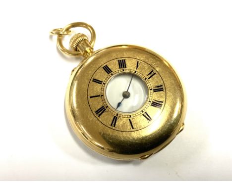 18ct gold ladies half hunter pocket watch with blue enamel chapter outer ring, total weight 48.35g (A)
