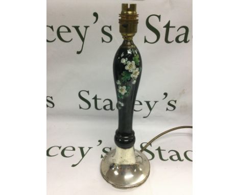 A silver and painted ceramic table lamp base, London hallmarks. Approx total height 35cm. Shipping category D.