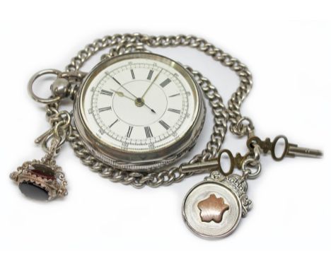 A Swiss open face silver pocket watch, late 19th century, diam. 60mm, white enamel dial with Roman numerals, centre seconds, 