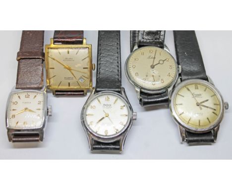 Five assorted vintage watches comprising Timex, Alcydes automatic, Andrew The Hatton, Belmonte and Everite.