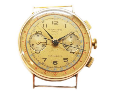 A Swiss 18ct gold chronograph wristwatch, circa 1950s, case diam. 35mm, gold tone dial with outer numerical trackers, two sub