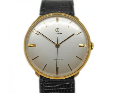A Cyma Cymaflex 9ct gold wristwatch, circa 1960s, case diam. 34mm, manual wind 17 jewel movement, leather strap. Condition - 