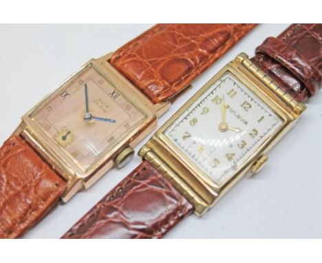 Two Art Deco 10K gold filled manual wristwatches: Bulova 21 jewel and Elgin De Luxe 17 jewel, croc effect leather straps, cas
