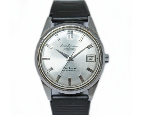 A Seiko Sportsman Sea Horse stainless steel wristwatch, circa 1964, case diam. 35mm, ref.J13082, cal. 957, brushed steel dial