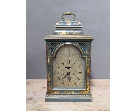 A mid 18th century bracket clock, caddy top with brass handle, green chinoiserie decoration all over, 7" arched steel dial si