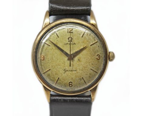 An Omega 9ct gold wristwatch, circa 1960, case diam. 34mm, signed champagne dial, numerical and baton hour markers, centre se