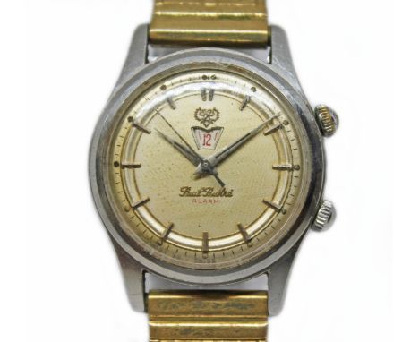 A Paul Buhre stainless alarm wristwatch, circa 1950s, case diam. 30mm, champagne dial, 17 jewel manual wind movement with ala