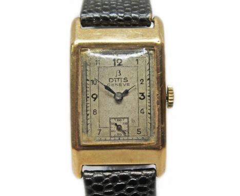 An Art Deco Ditis 9ct gold wristwatch, case width 22mm, 15 jewel manual wind movement, leather strap.  Condition - not curren