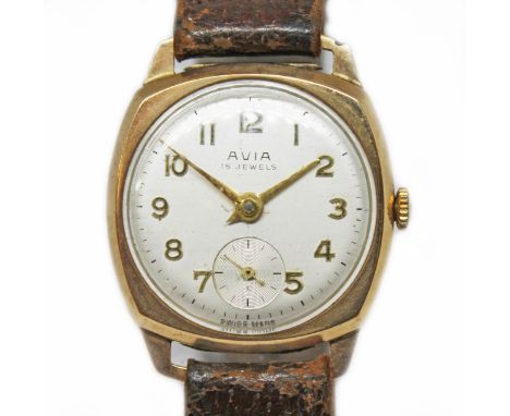 An Avia 9ct gold 15 jewel manual wind wristwatch, case diam. 29mm, leather strap.  Condition - appears in working order, howe