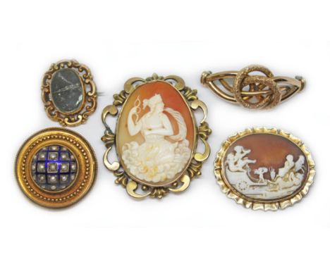 Five 19th century yellow metal brooches comprising two shell cameo, one blue enamel and pearl, one knotted form and one swive