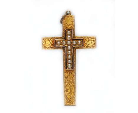 A 19th century yellow metal split pearl and blue enamel cross, unmarked, length 62mm, gross wt. 12.2g.  