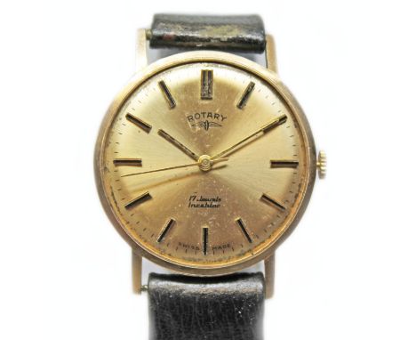 A Rotary 9ct gold wristwatch, circa 1970, case diam. 33mm, 17 jewel manual wind movement, leather strap.  Condition - not cur